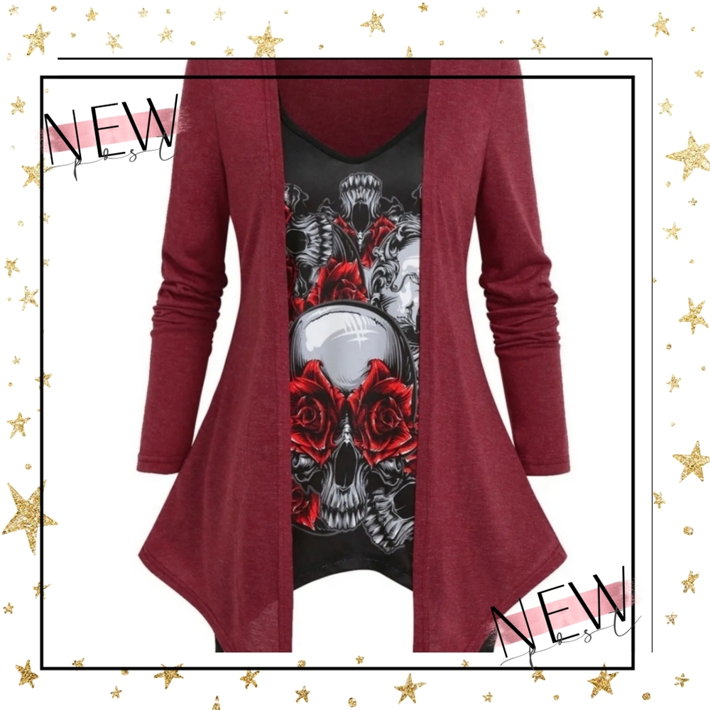 *NEW* Skull Flowers Print Heathered Faux Twinset Blouse